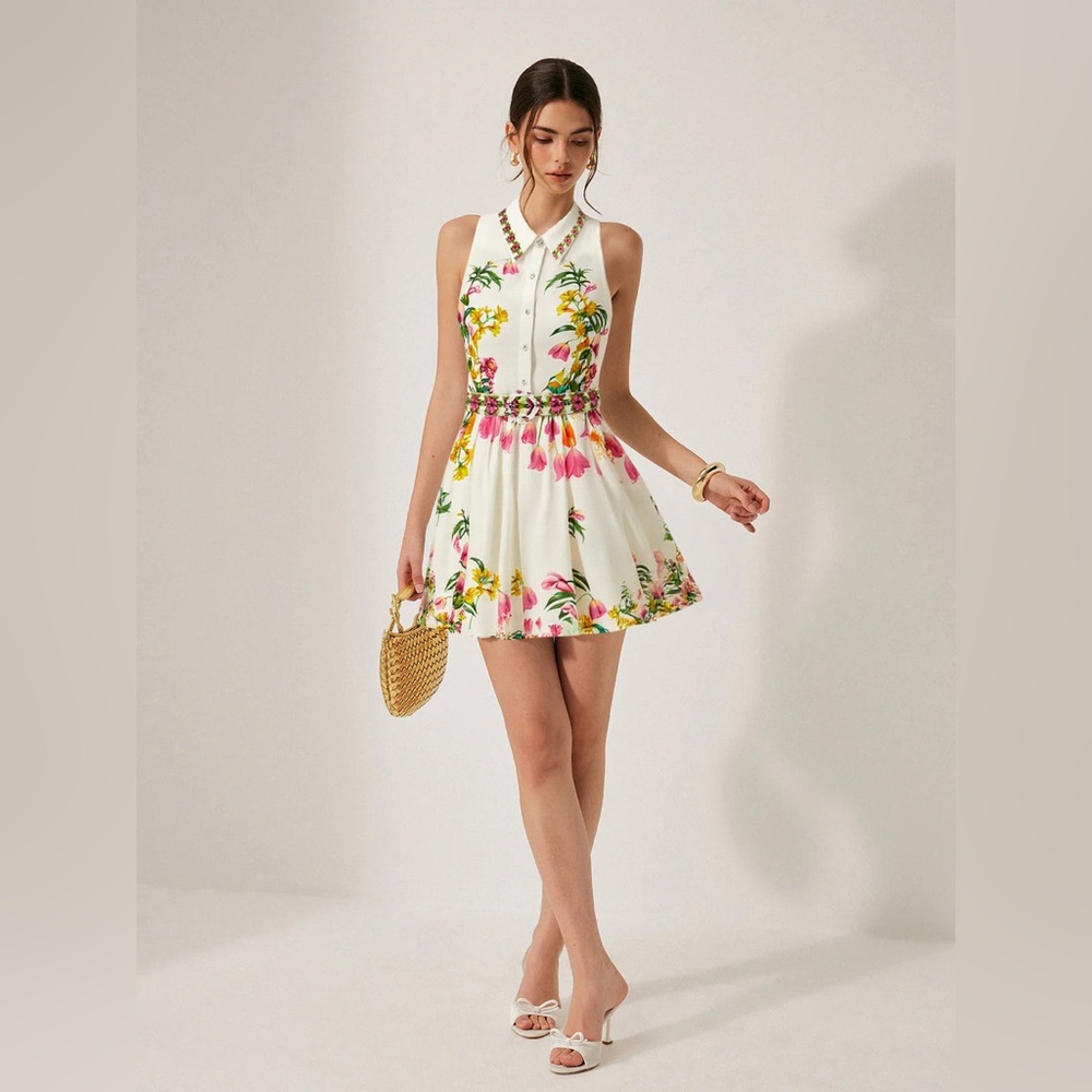 Commense White Halter Mini Dress with Pink & Yellow Floral Print - Picture 2 of 5